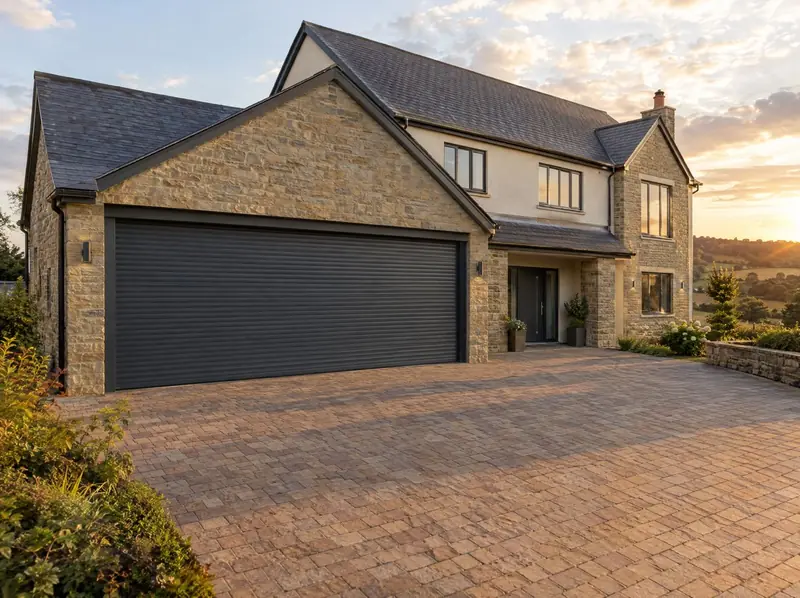 Wide anthracite roller door across a double garage on a stone house at sunset