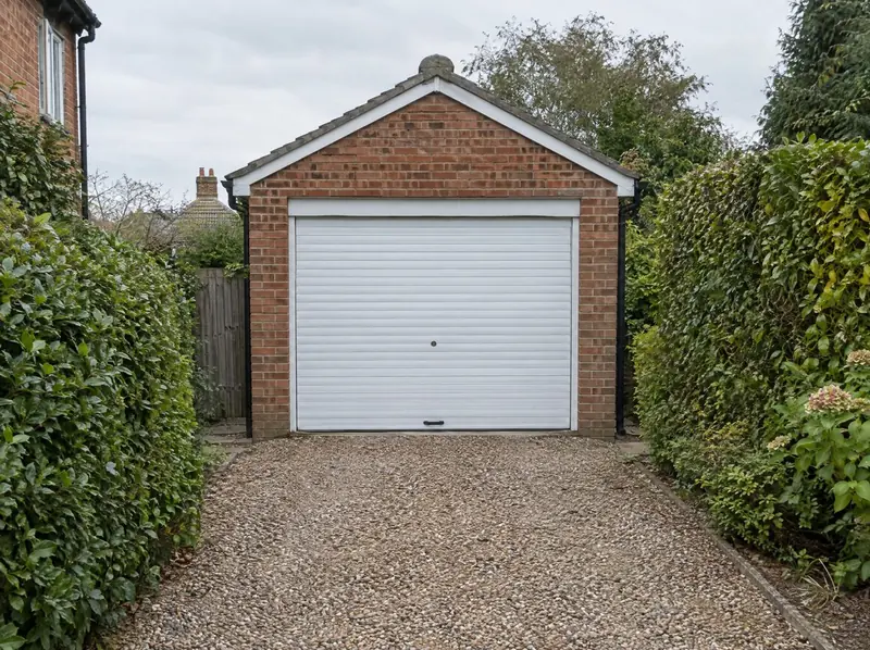 White manual roller garage door with a centre lock on a detached brick garage at the end of a gravel drive