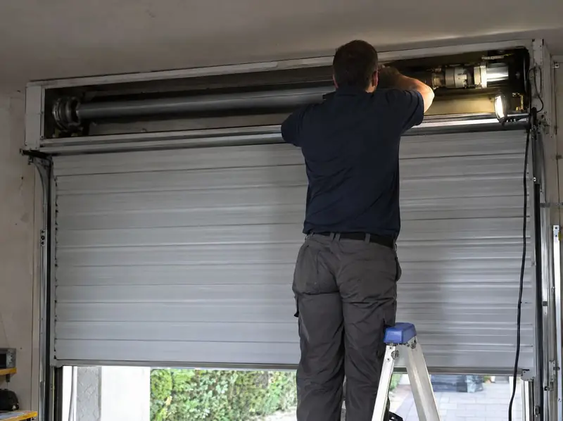 Engineer on a step ladder working on the tubular motor inside an open roller box