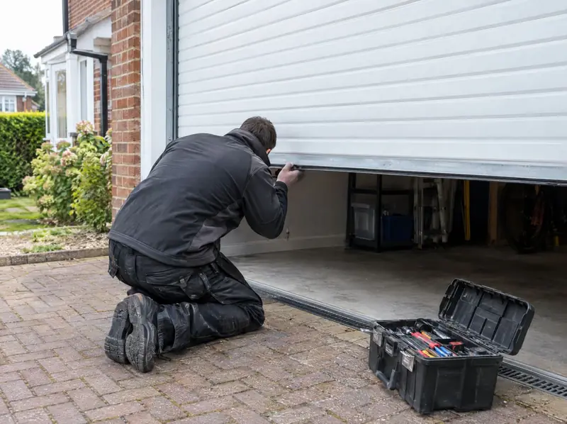 Engineer kneeling on a driveway checking the bottom rail of a part-open white roller door