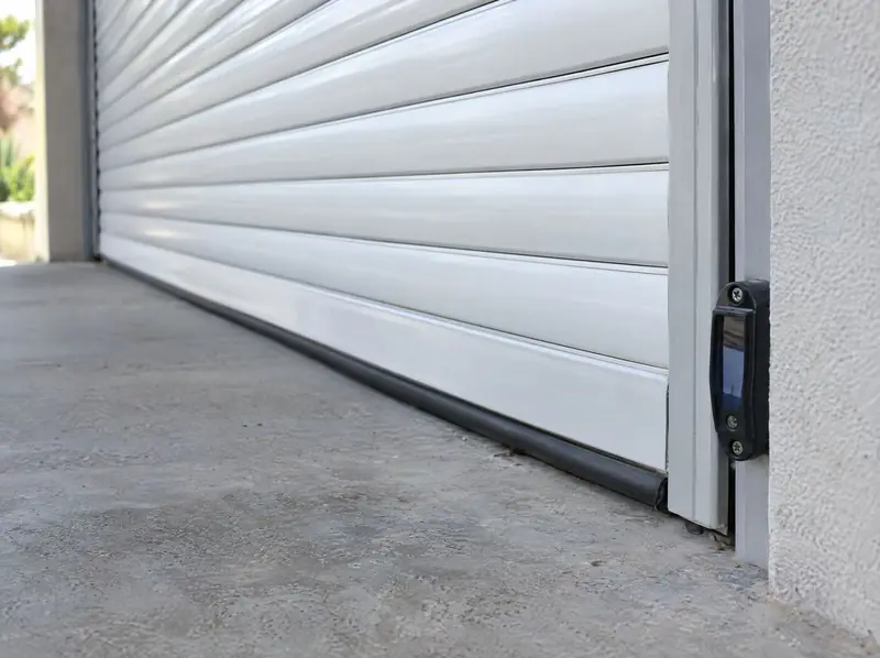 Rubber safety edge on a roller door bottom rail and a photocell sensor on the guide rail