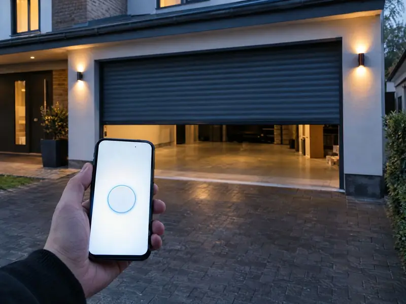 Hand holding a phone with a single button on screen as a roller garage door opens at dusk