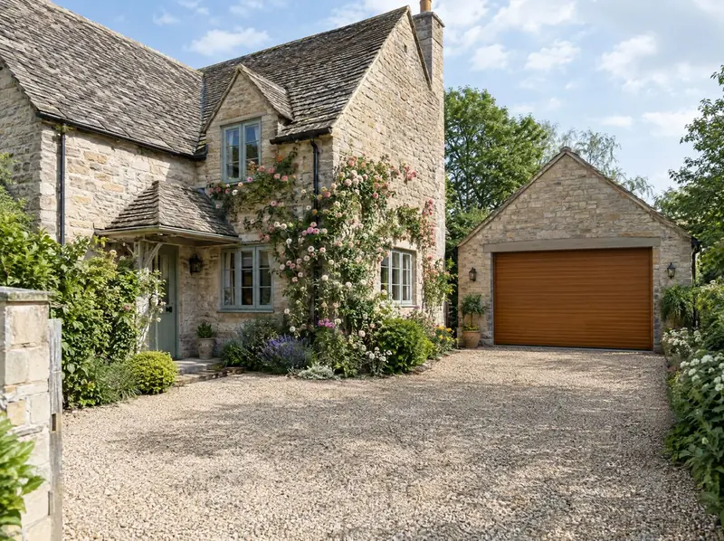 Golden oak woodgrain roller garage door on a Cotswold stone garage beside a cottage